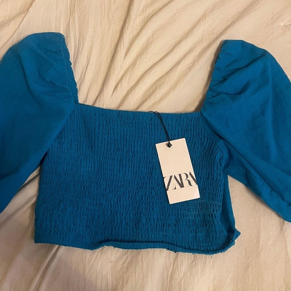 Blue Zara cropped puff sleeve top new with tags